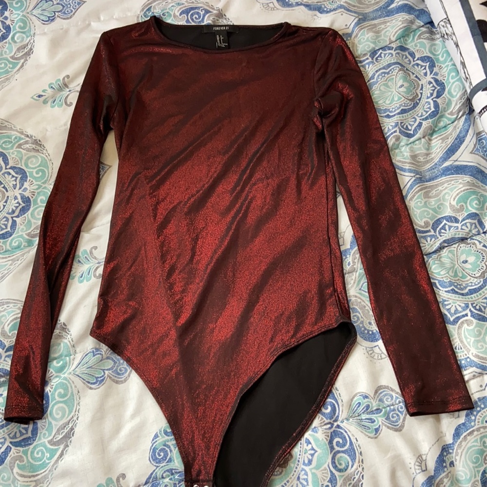 Red shimmer body suit